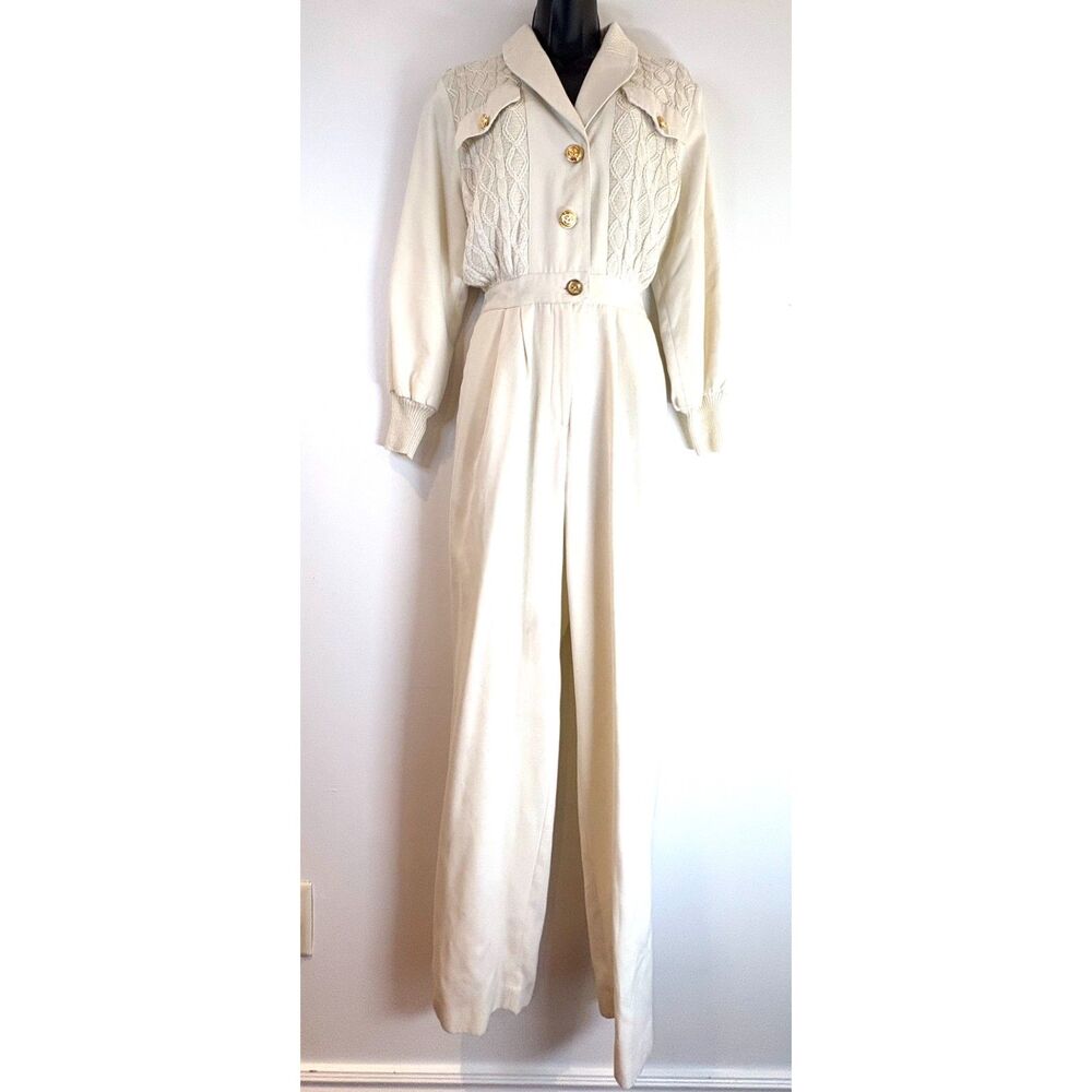 VTG 80s Gina Tricot Jumpsuit Ivory Cable Knit Long Sleeve Shawl Collar Size M
